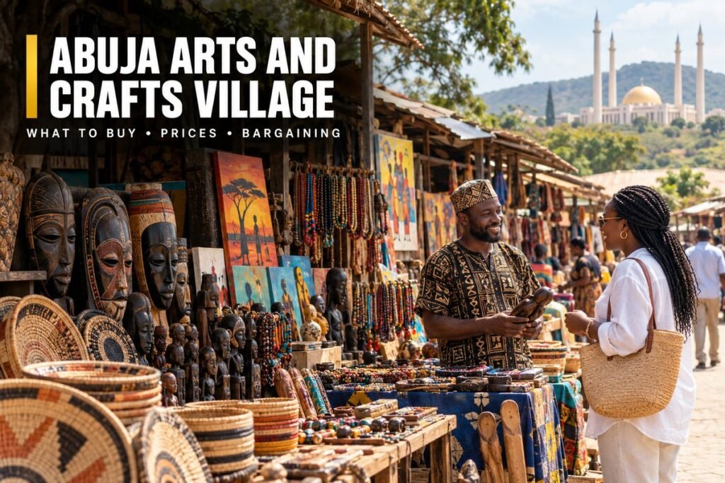 Rows of carved wooden masks, paintings and woven baskets displayed in shops at an arts and crafts market in Abuja