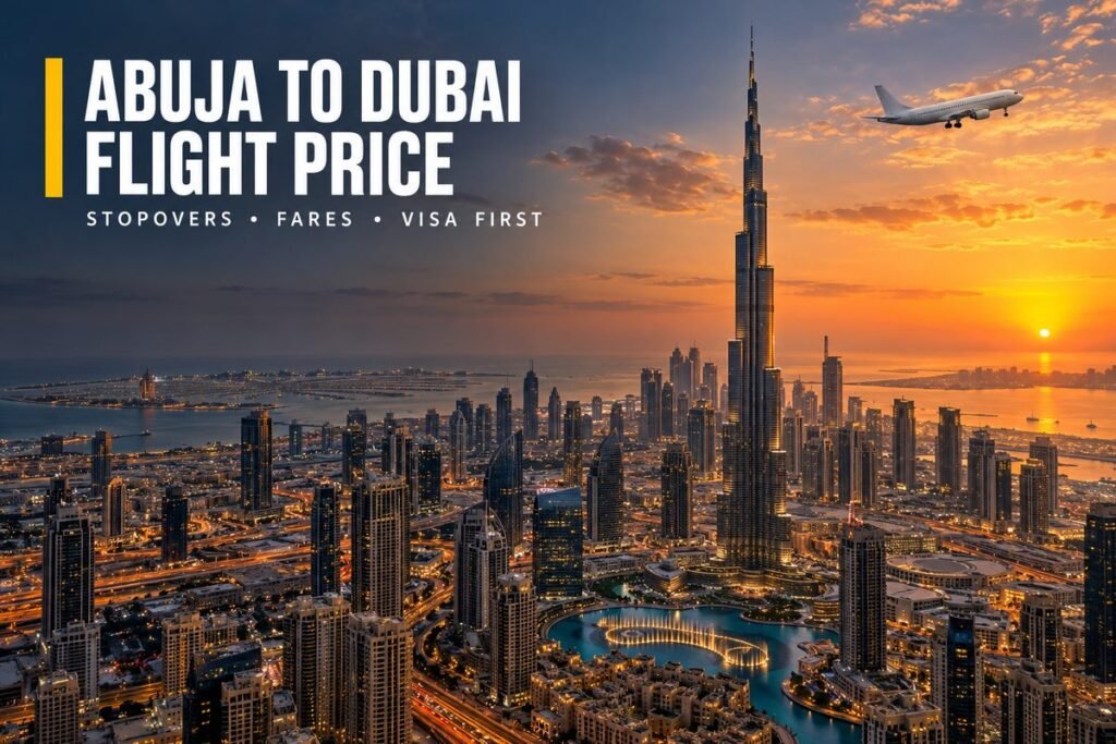 Dubai skyline at sunset with the tallest tower rising above the city and a passenger jet flying across the sky