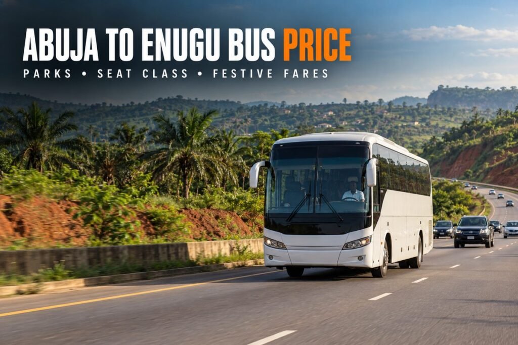 White intercity coach driving along a highway through green palm-covered hills