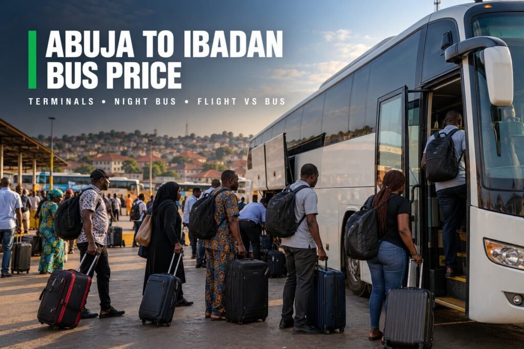 Passengers with suitcases and backpacks boarding a white coach at a busy bus terminal