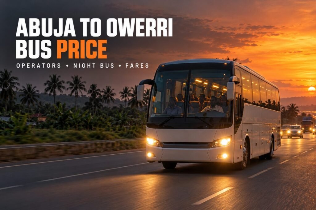 Coach with its headlights on driving along a road at sunset past palm trees, with passengers visible inside