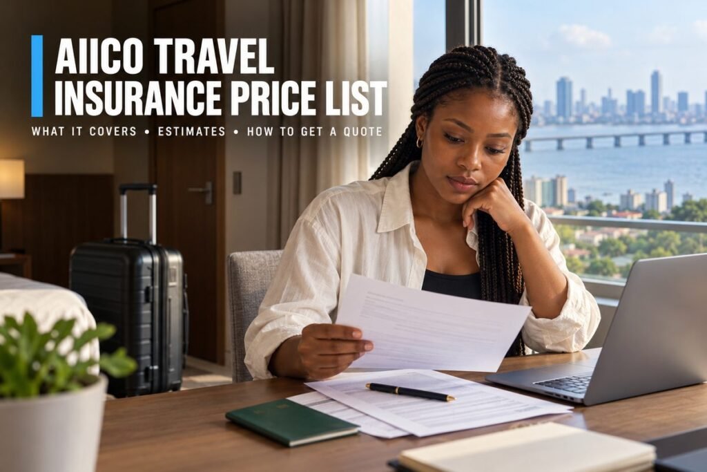 Woman at a desk reading a travel insurance document, with a laptop, passport and suitcase beside her and a city skyline outside the window