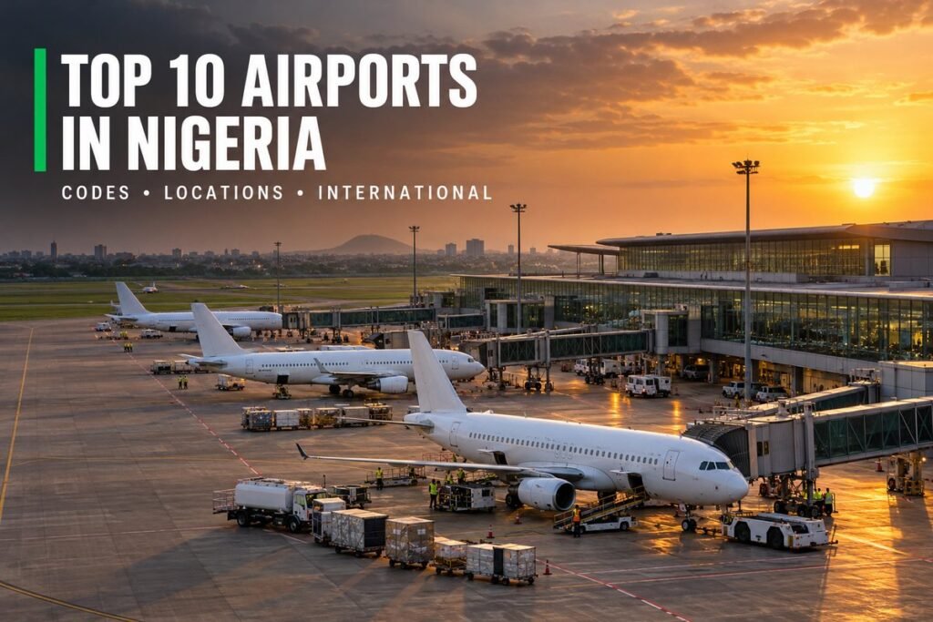 Aerial view of a Nigerian international airport terminal with aircraft parked at the gates under a clear sky
