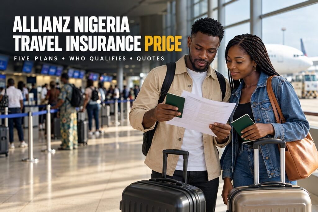 Couple at an airport terminal reading a printed travel insurance policy, with their passports and suitcases
