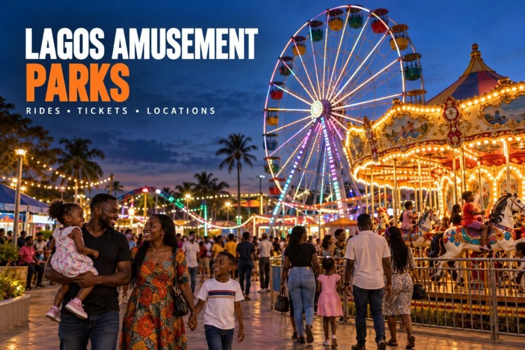 Ferris wheel and rides at an amusement park in Lagos at dusk