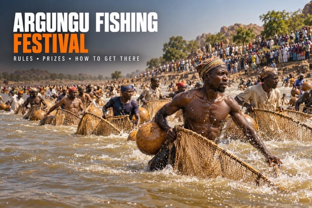 Fishermen holding large hand nets and gourds wading into a river as a crowd watches from the bank at the Argungu fishing festival