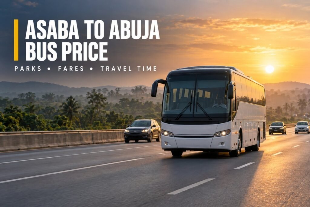 Interstate luxury bus loading passengers at a motor park in Asaba before the long road trip to Abuja
