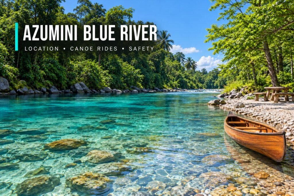 Clear turquoise river over rocks with a wooden canoe on the pebbly bank and dense green forest behind