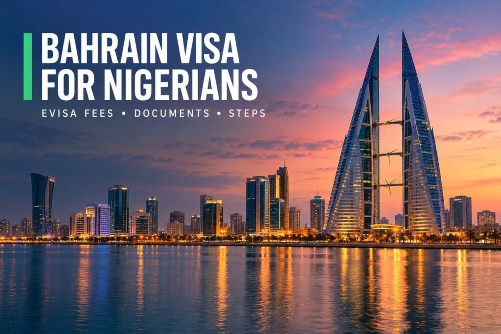 Bahrain skyline at dusk with twin glass towers and a calm bay in the foreground