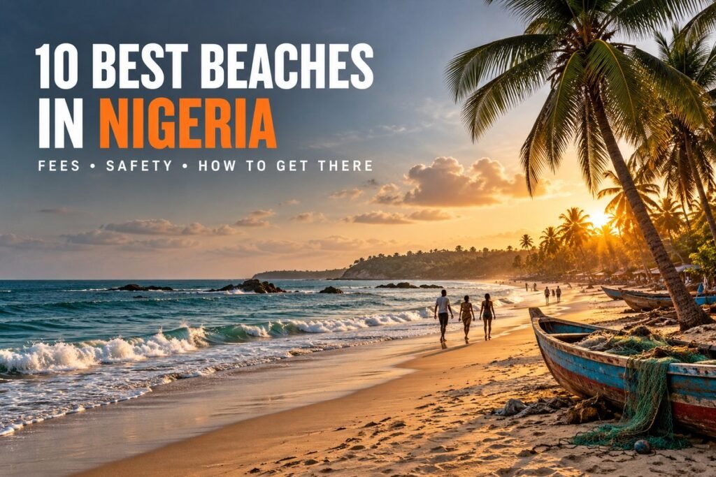 Golden beach at sunset with palm trees, a wooden fishing boat on the sand and people walking along the shore