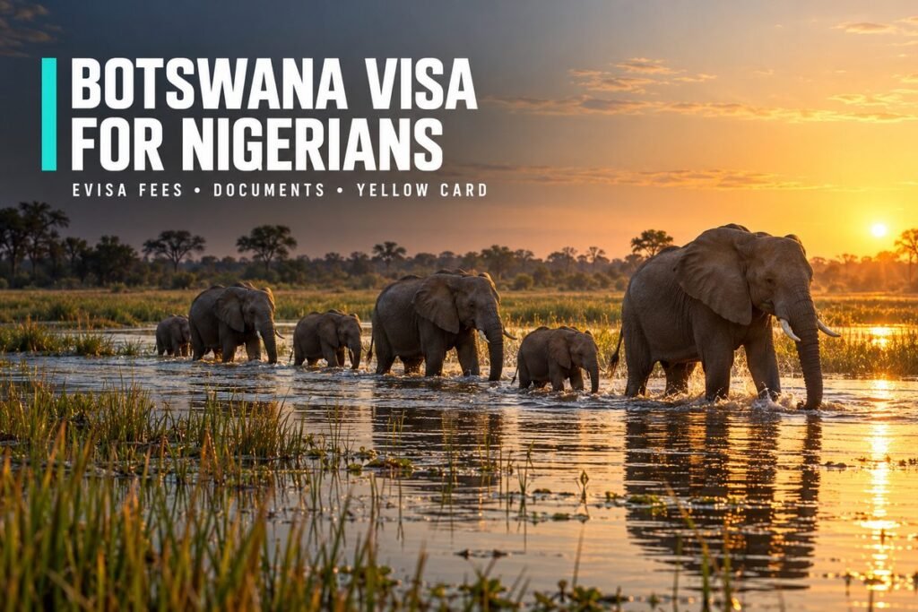 Elephants crossing a shallow river channel at sunrise with reeds and a pale sky in the Okavango region of Botswana
