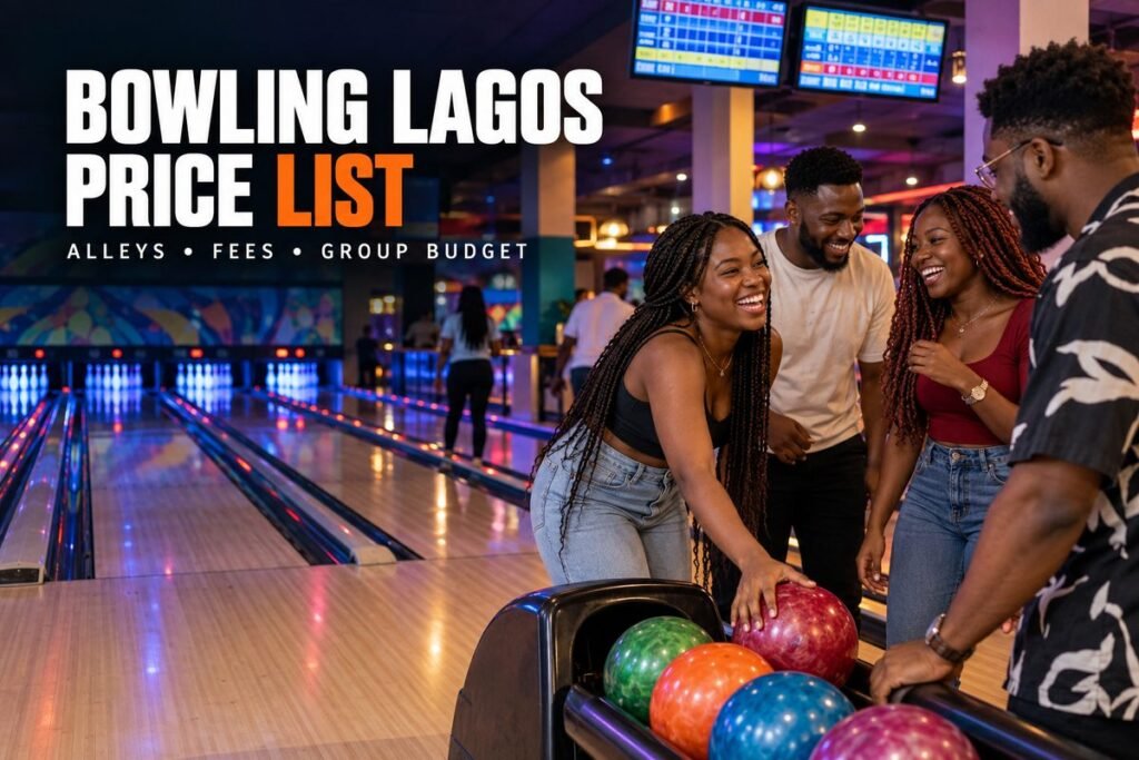 Bowling lanes with glowing pins and a coloured scoreboard above them in a busy Lagos entertainment centre