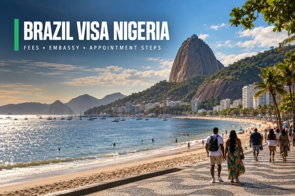 Curved city beach in Rio de Janeiro below a steep granite peak with a glittering bay and scattered cloud