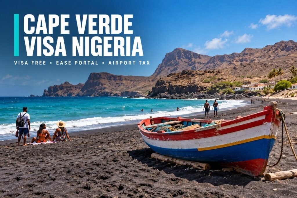 Black volcanic sand beach with turquoise water and a fishing boat resting on the shore under a clear sky in Cabo Verde