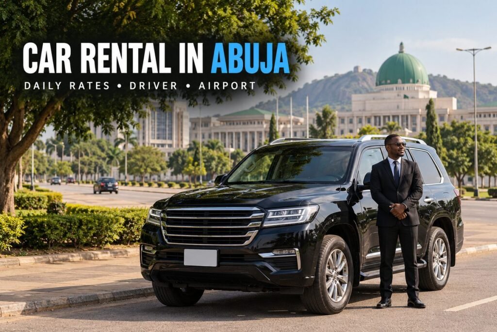 Black SUV with a driver waiting beside a tree lined avenue in Abuja with government buildings in the background