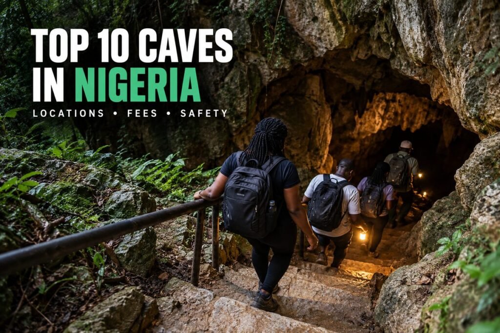 Visitors with torches stepping down a stone staircase into the mouth of a limestone cave surrounded by green forest
