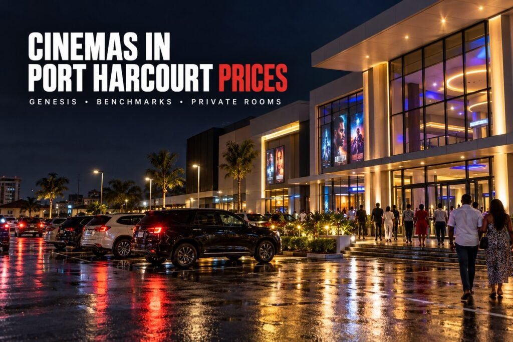 Modern cinema complex in a Nigerian city at night with a glowing sign and cars parked along the front