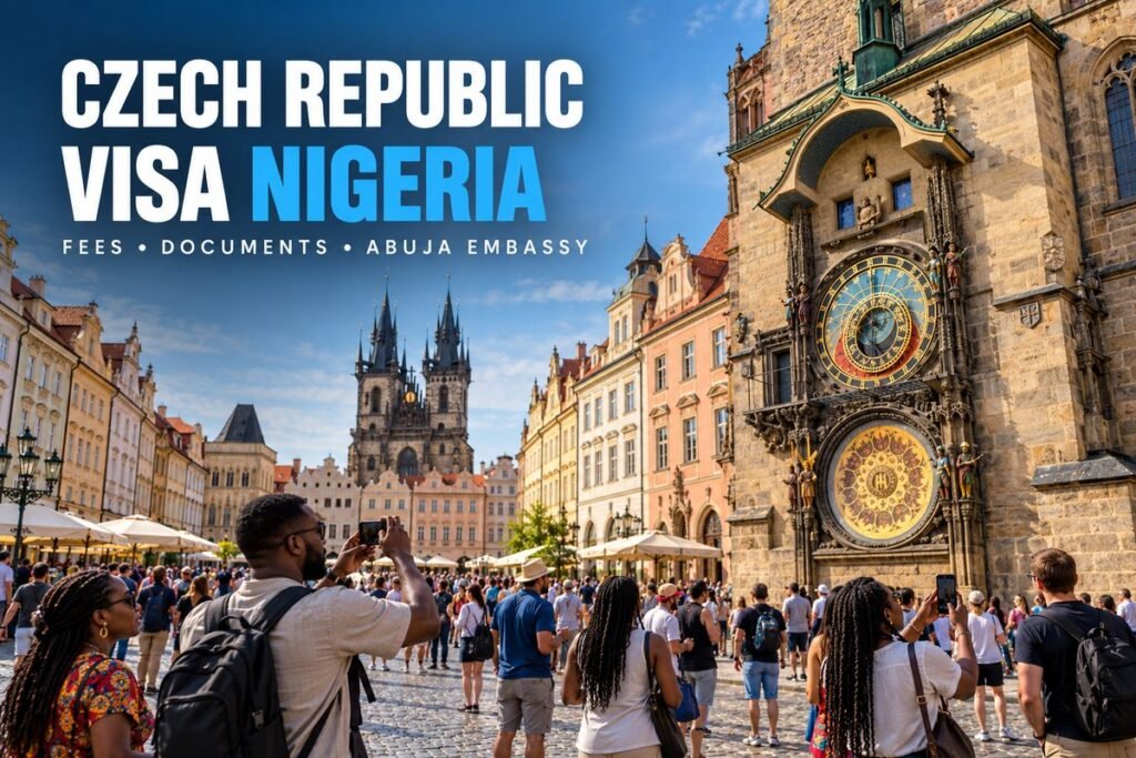 Old town square in Prague with a medieval astronomical clock tower, pastel townhouses and a crowd of visitors in the morning light
