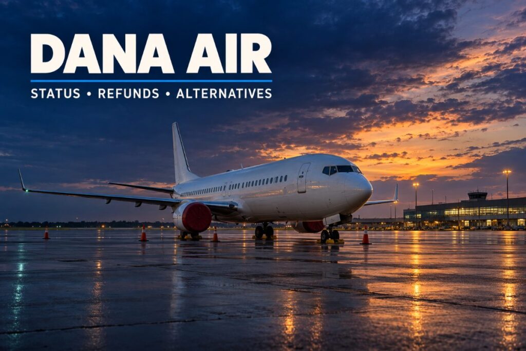 A grounded passenger jet parked alone on a quiet apron at dusk