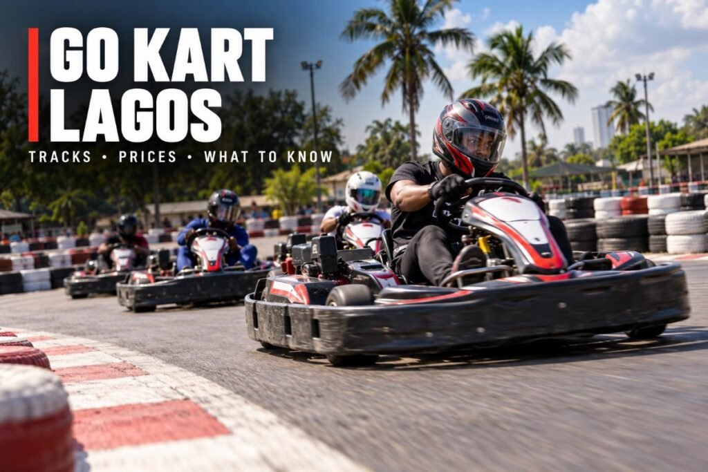 Go karts racing around an outdoor track with tyre barriers in Nigeria