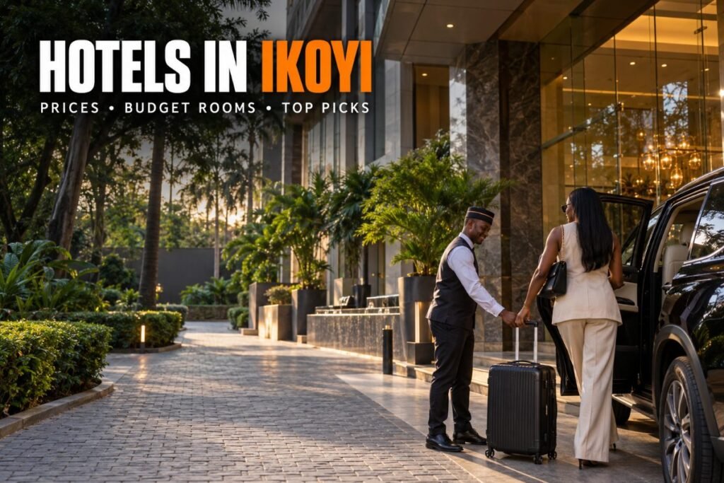 Entrance of a boutique hotel with a landscaped driveway in Ikoyi, Lagos