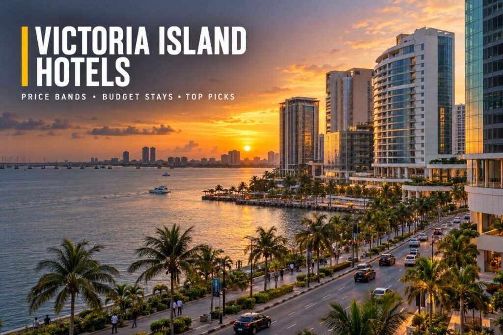 Hotel towers and waterfront roads on Victoria Island, Lagos