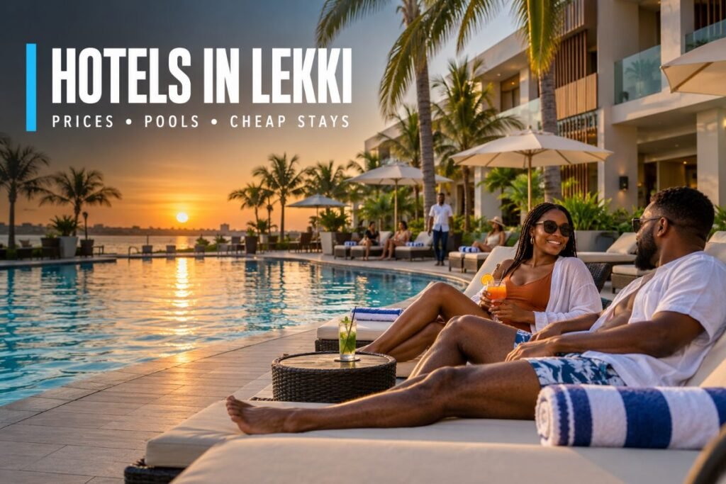 Hotel swimming pool with loungers and palm trees in Lekki, Lagos, at golden hour