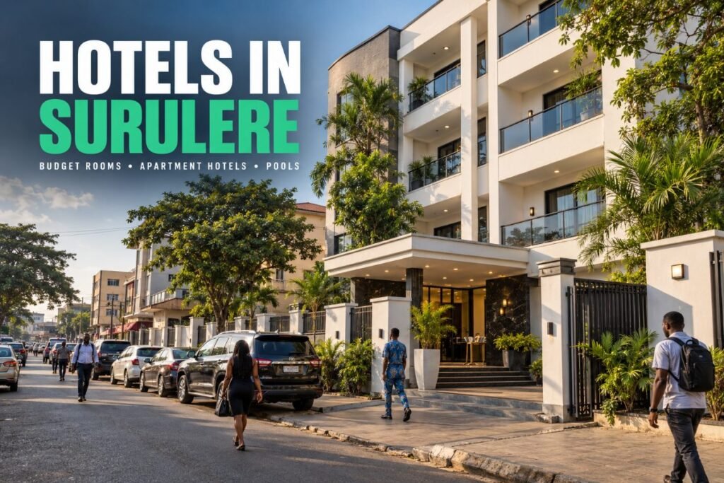 Apartment hotel with balconies on a busy street in Surulere, Lagos