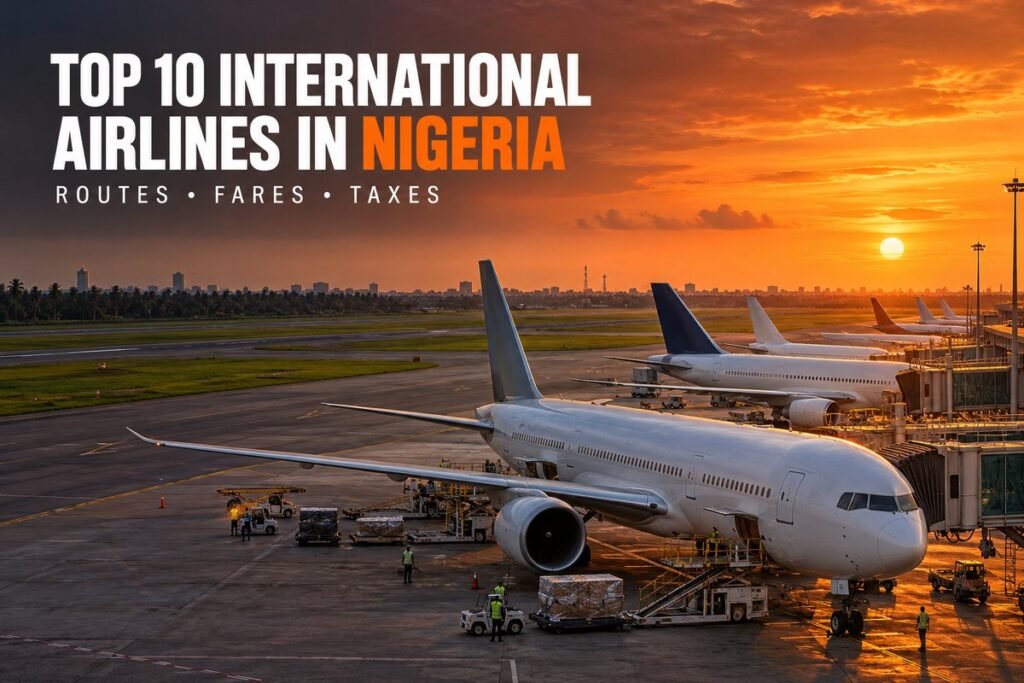 Foreign airline aircraft parked at the gates of Murtala Muhammed International Airport in Lagos at sunset