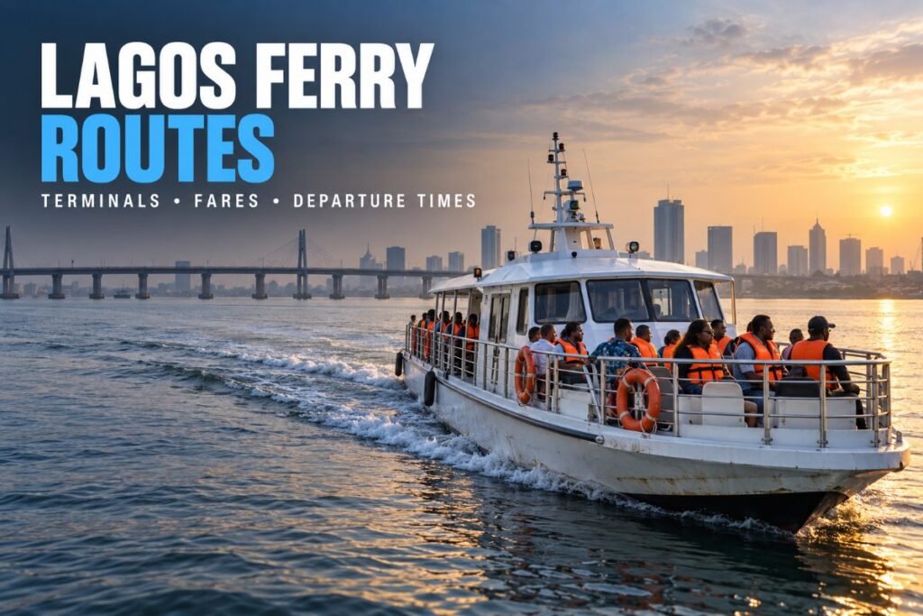 Passenger ferry crossing the Lagos lagoon with the city skyline behind