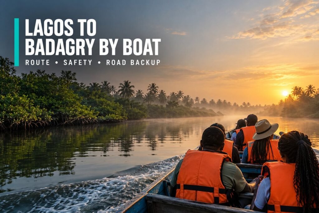 Passenger ferry crossing calm Lagos lagoon water at sunrise with the Badagry shoreline and palm trees in the distance