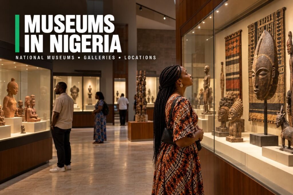 Visitors looking at carved masks and terracotta figures in a Nigerian museum gallery