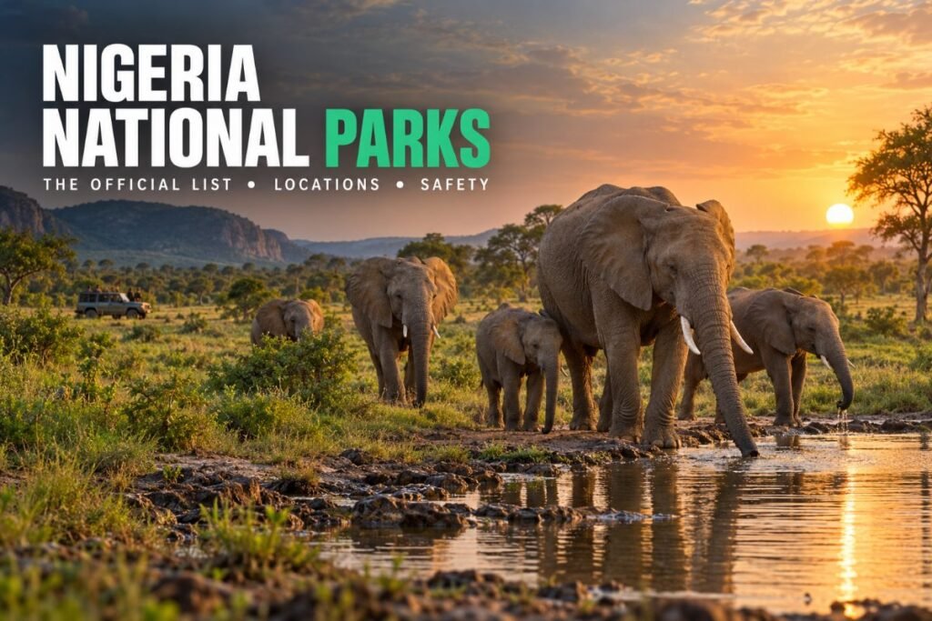 Elephants walking toward a waterhole on the savannah in a Nigerian national park