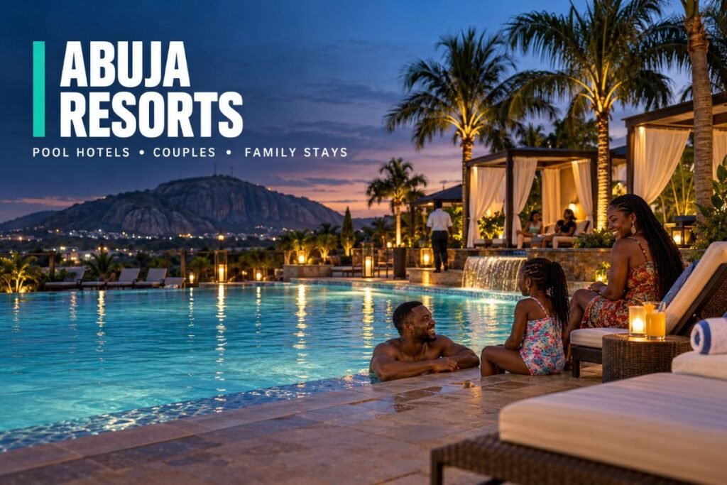 Resort swimming pool with loungers and palm trees in Abuja at dusk