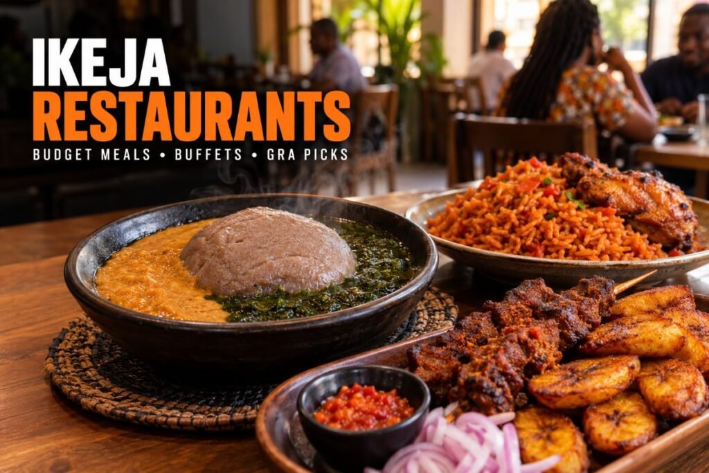 Amala, jollof rice, suya and plantain served on a restaurant table in Ikeja, Lagos