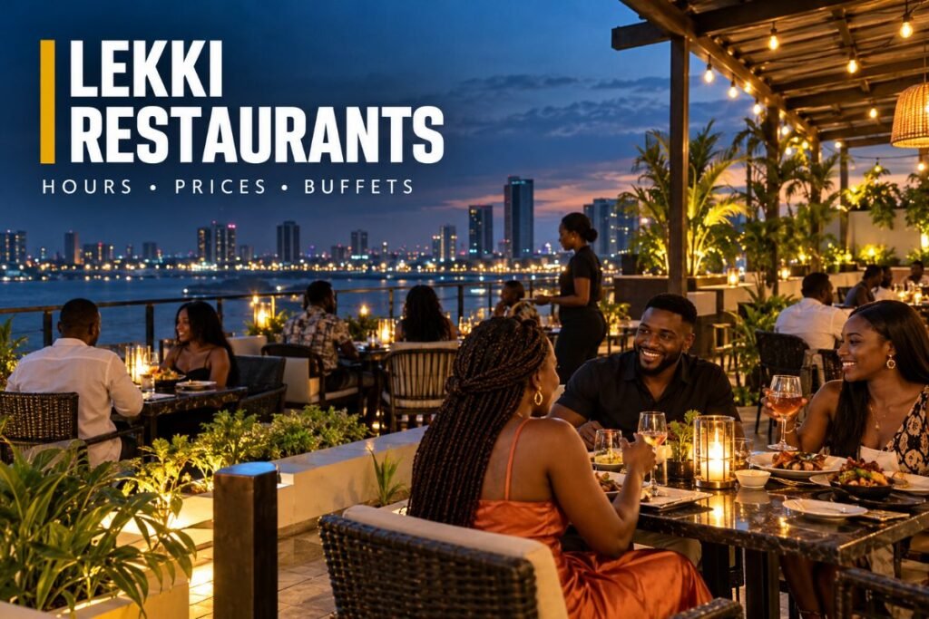 Rooftop restaurant terrace at dusk in Lekki, Lagos