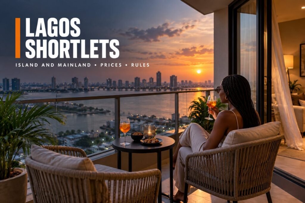 Furnished apartment balcony with a view of the lagoon and Lagos skyline at sunset
