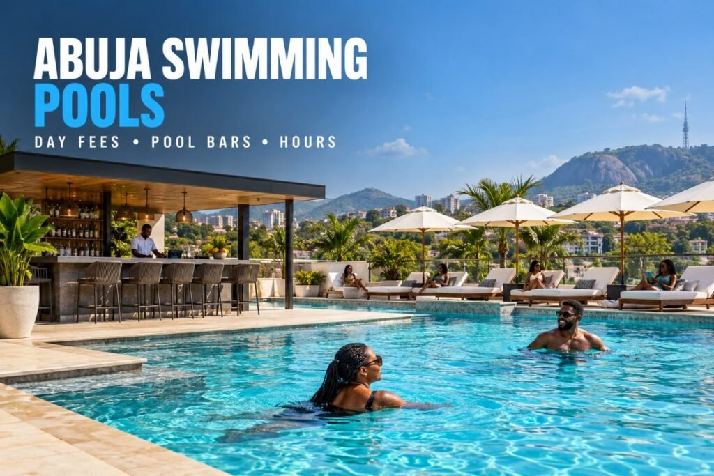 Hotel swimming pool with loungers, parasols and a pool bar in Abuja on a sunny afternoon