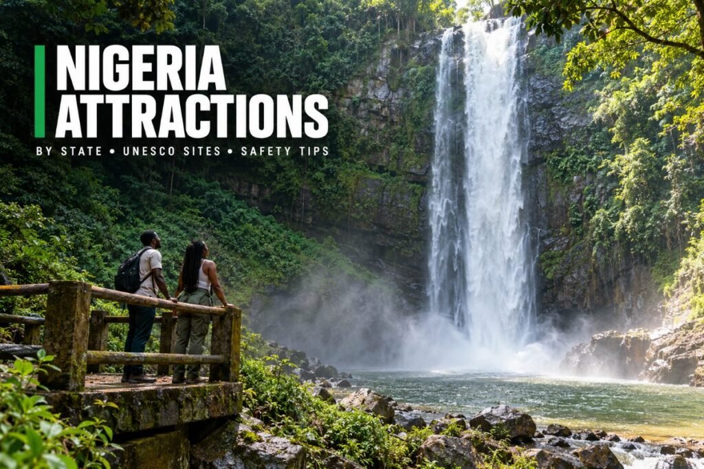 Waterfall dropping through lush green rainforest in Nigeria with two travellers at a viewing platform