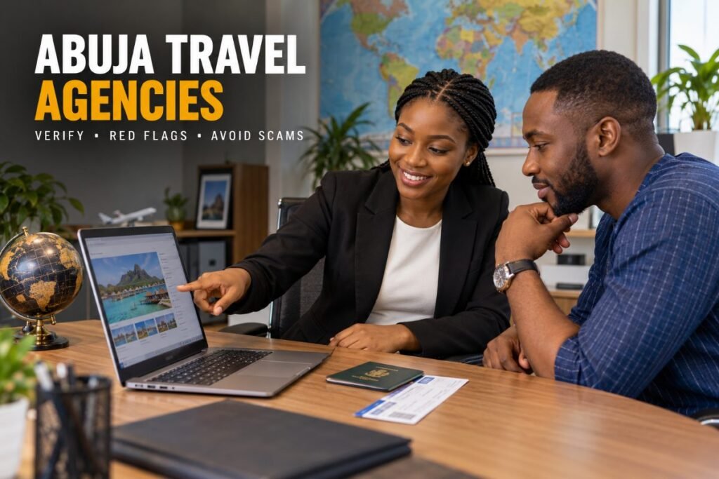 Travel agent and customer reviewing an itinerary at a desk in Abuja