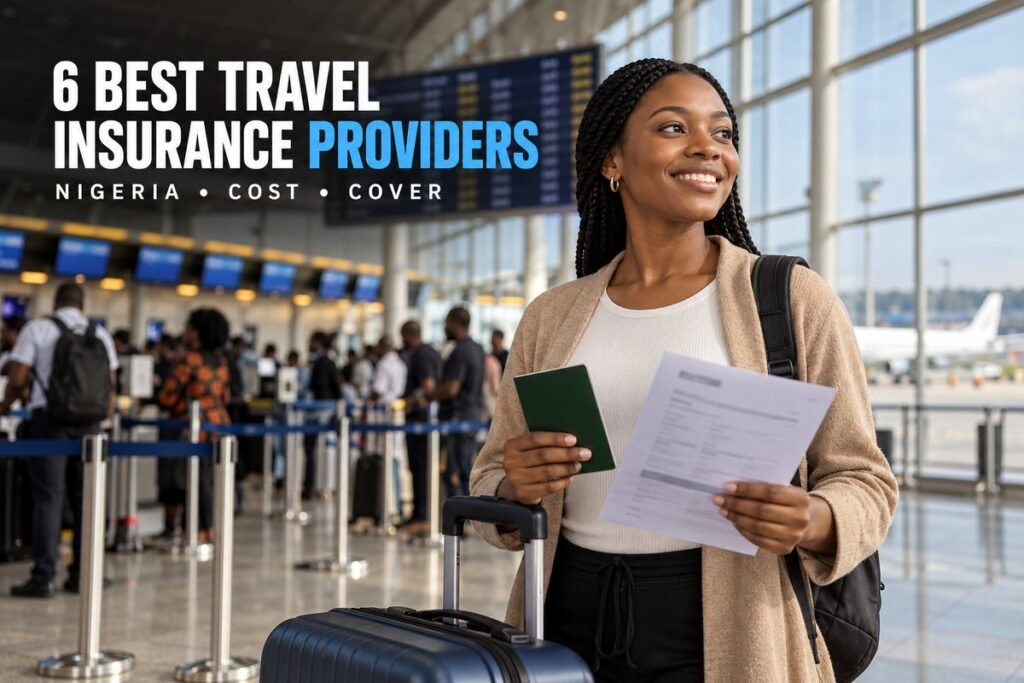 Traveller holding a passport and a printed travel insurance certificate beside a suitcase at an airport check-in desk