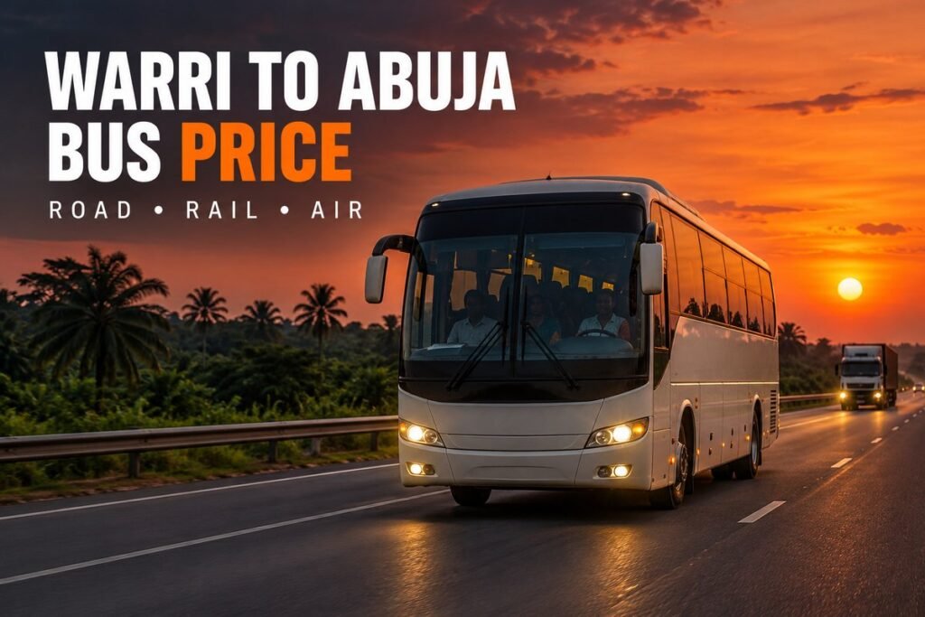 Passenger bus leaving a motor park in Warri at dawn for the long road journey to Abuja